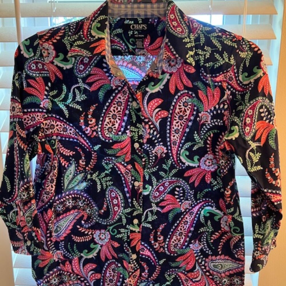 Chaps Navy & Pink Paisley No-Iron Button Down Shirt | Women’s Large Petite |